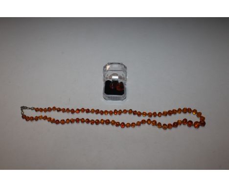 A vintage Sterling silver graduated and individually knotted amber necklace and two pieces of amber with insect inclusions