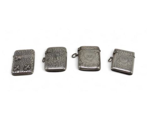 Three silver vestas, one by William Hair Haseler, Birmingham, two others (marks rubbed), with all-over engraved scrolling fol