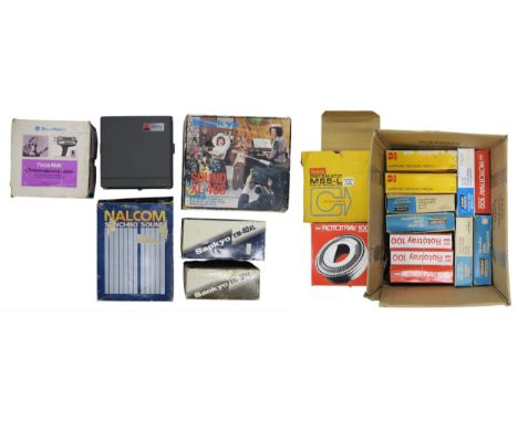 Various boxed 8mm cinefilm cameras and editors, with a Kodak Instamatic M55-L Movie Projector and numerous boxed slide magazi