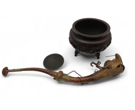 A Japanese bronze planter decorated with birds on branches, a dragon shaped musical instrument (2) Condition Report:Available