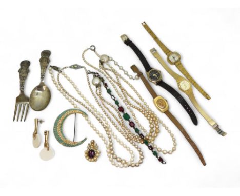 A pair of silver stylised baby cutlery, possibly made by Webster and Co., together with two strings of pearls, a collection o