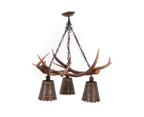 Antler Furniture: An Antler Mounted Chandelier, circa late 20th century, an antler mounted three-light chandelier, formed by 