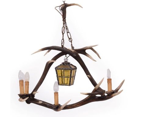 Antler Furniture: An Antler Mounted Chandelier, circa late 20th century, an antler mounted five-light chandelier, formed by t