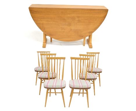 Ercol drop leaf dining table &amp; 6 spindle back chairs with original green and pink candy striped cushions. Chairs 42cm (16