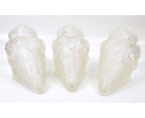 Three frosted Art Deco glass Degue light shades with rose basket design. Each shade has a moulded 'Degue' signature to the bo