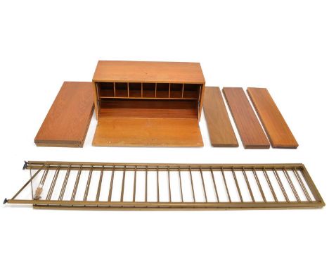 Teak ladder racks storage with golden ladders. One cabinet with door 89.5 (35") x 34.8cm (14") deep, 39.6cm (15.5") high. Six