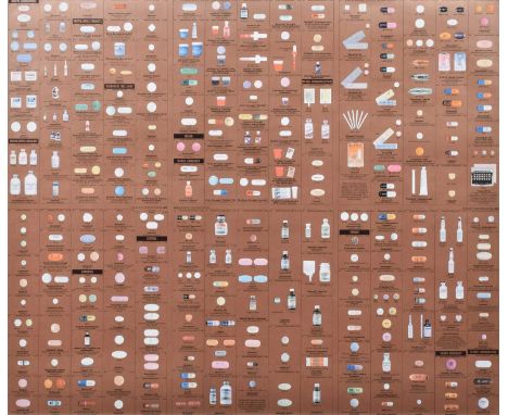 Full panel repeat pattern cut from the now destroyed wallpaper from Damien Hirst's 1990's conceptual restaurant "Pharmacy", l