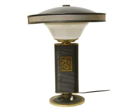 After Eileen Gray 'Siren' desk lamp, circular shade with white plastic globe, oval section ribbed column supporting mermaid a