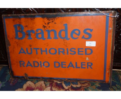 Double sided enamel advertising sign for 'Brands Authorised Radio Dealer'