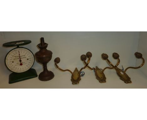 Waymaster letter balance scales, small brass oil lamp and a three brass wall sconces