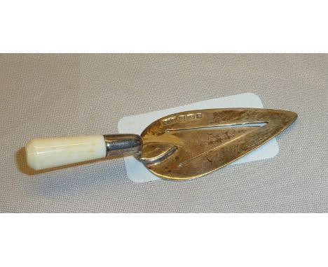 Birmingham silver hall marked bookmark in the form of a trowel with turned ivory handle  