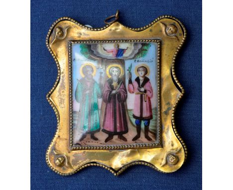 18th/19th C Russian enamel icon depicting three saints 4cm x 5cm in pressed copper frame with filled plaster back 6cm x 7cm o