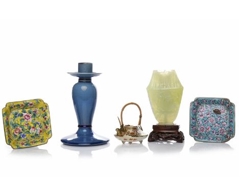TWO EARLY 20TH CENTURY CHINESE ENAMEL DISHESwith floral decoration, 9cm wide; along with a miniature satsuma tea pot, a Chine
