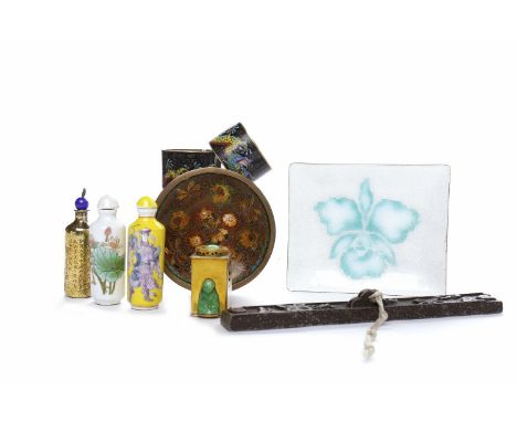 PAIR OF MID 20TH CENTURY CHINESE CLOISONNE NAPKIN RINGSalong with two enamel dishes, three Chinese snuff bottles, scroll weig