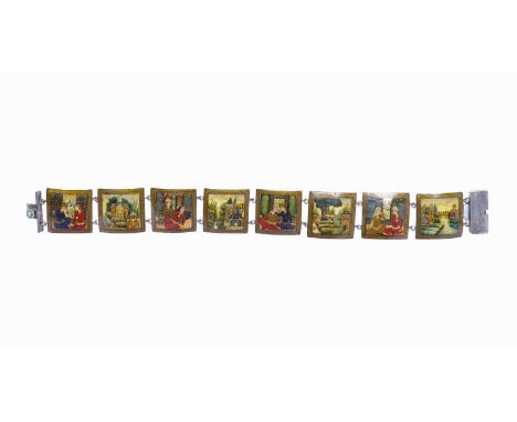 EARLY 20TH CENTURY INDIAN HANDPAINTED BRACELET painted with panels of figures and architectural scenes, with turquoise set cl