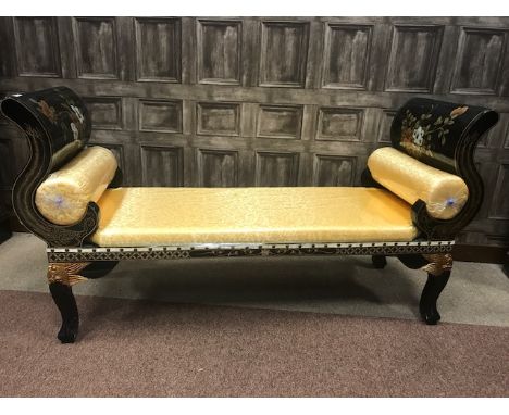 MID 20TH CENTURY CHINESE HALL BENCH with scroll ends, floral decoration and gold coloured decoration, 135cm wide 