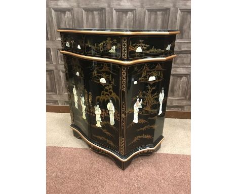 MID 20TH CENTURY CHINESE CABINETwith two drawers above two doors, the top with floral decoration and the doors with figures i