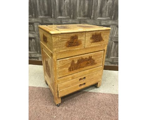MID 20TH CENTURY CHINESE WOOD SEWING CHEST the lid lifting in two sections, carved  with shipping, architectural and figural 