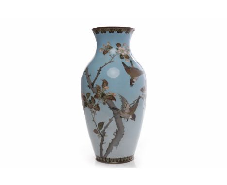 EARLY 20TH CENTURY JAPANESE CLOISONNE ENAMEL VASEof baluster form, decorated with birds on blossoming branches, on copper, 31