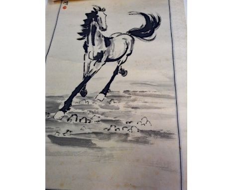 20TH CENTURY CHINESE SCROLL PAINTING depicting a running horse, in black, with character mark and red seal, the painted area 