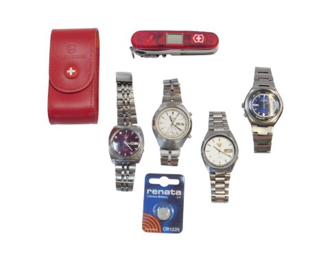 Four gentleman's Seiko wristwatches, stainless steel cased, each on a bracelet strap, together with a Victorinox penknife and