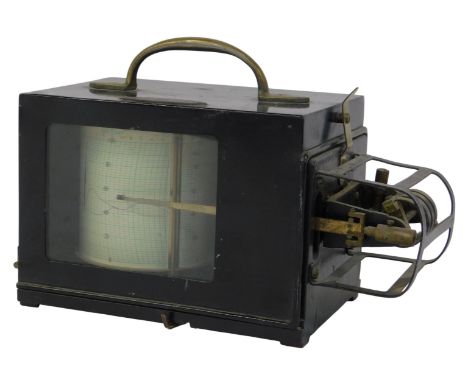 An early 20thC portable barograph by Negretti &amp; Zambra of London, in black Japanned case with brass carrying handle, the 