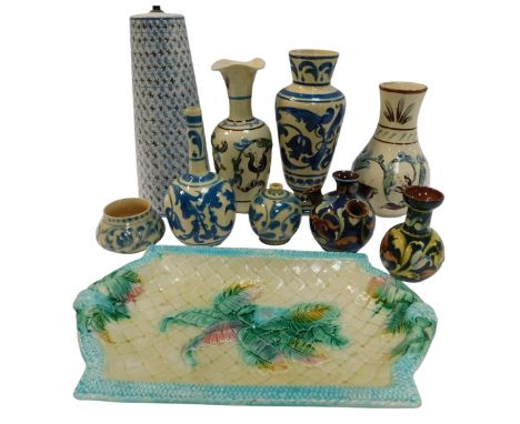 A majolica dish, glazed pottery vases and a Rye pottery table lamp, various. (1 tray)