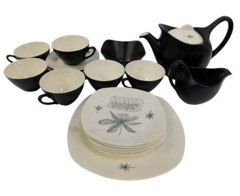 A 1950s Midwinter Black Nature Study pattern tea service, comprising teapot, sugar bowl, milk jug, six teacups and saucers, s