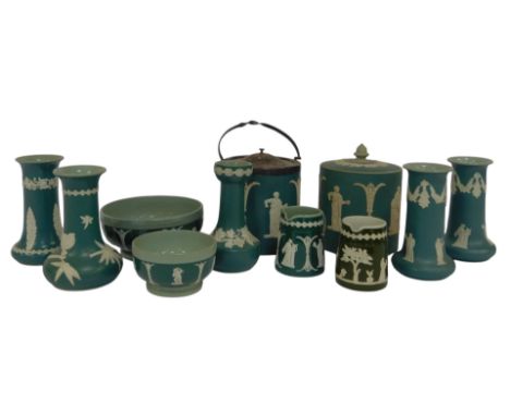 A group of Dudson Brothers green sprig moulded vases, etc., including biscuit barrel with EP mount, biscuit barrel with acorn