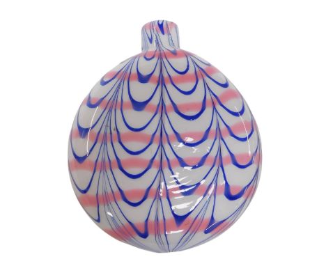 A 19thC Nailsea glass flask, decorated with blue and pink ribbons bands, on a white ground, 11cm high.