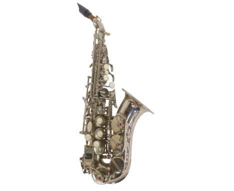 A Fortissmo curved soprano saxophone, with mother of pearl buttons, and mouthpiece, in a fitted case.