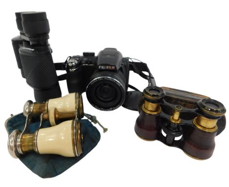 A Fujifilm Finepix S digital camera, together with a pair of Polaroid 8x40 binoculars, and two pairs of opera glasses. 