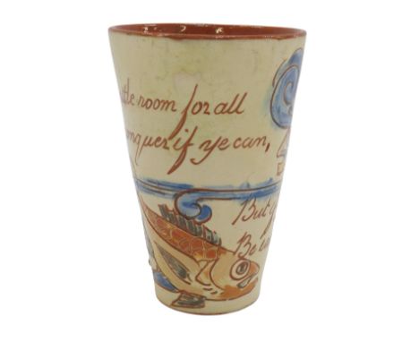 A late 19thC H Brannam Barum pottery beaker, dated 1892, sgraffito decorated with fish, and 'The World has Battle Room for al