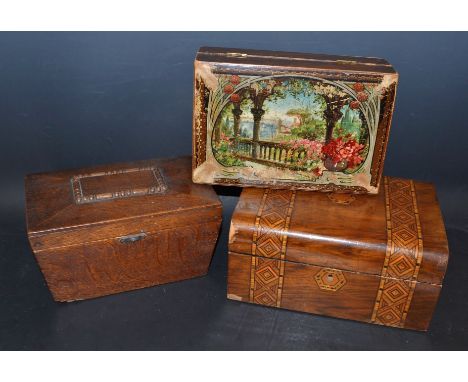 A Victorian rosewood inlaid work box, domed cover, containing haberdashery items, threads, needles; a Victorian sarcophagus s