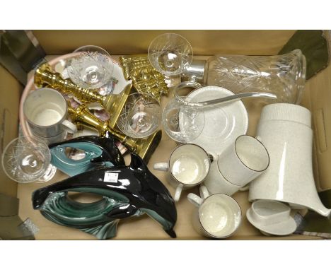 An EPNS mounted cut glass claret jug; a pair of Poole dolphins; a Shelley coronation 1911 pin tray; a Poole coffee set; brass