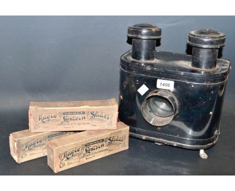 A German magic lantern; a  set of Primus magic lantern slides, boxed; others similar (4) 