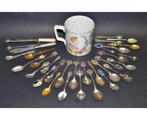  Silver spoons, various,marked; a pair of silver sugar tongs, another similar; gold washed anointing spoons; enamel spoons ;o