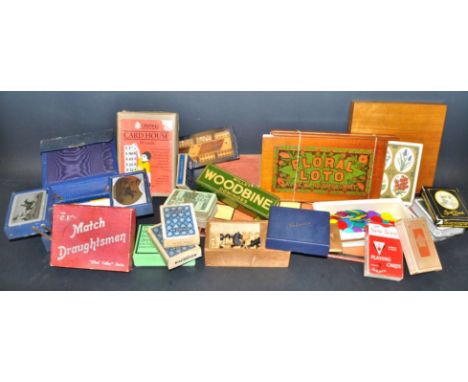 Games - Jacques London Floral Loto, boxed;  Offspring House of Cards;  Woodbine Domino's, Advertising and other playing cards