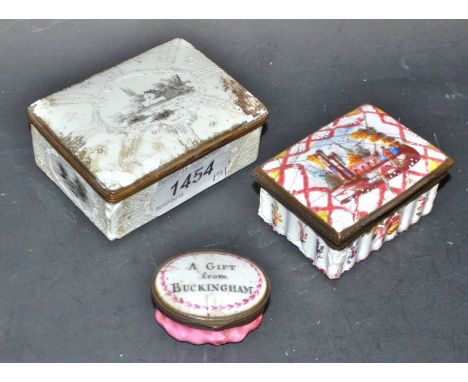 A George III South Staffordshire enamel rectangular snuff box, hinged cover painted with a gentleman inspecting ruins, within