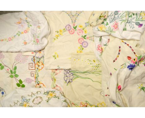 Textiles - Hand embroidered linen tablecloths including crinoline lady, English country garden;etc