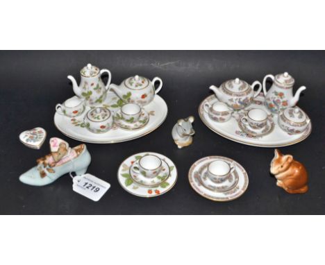 A Wedgwood miniature Wild Strawberry pattern tea service on tray;  another Kutani Crane;  a Royal Albert Beatrix Potter model