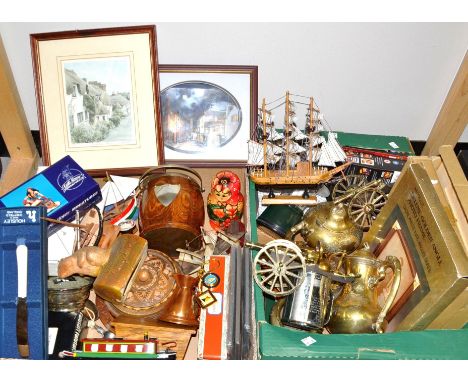 Boxes and Objects - a EPNS and oak biscuit barrel; other treen; a plated three piece tea service; ship models; a Russian doll