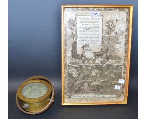 A Sestrel brass WWII ship's compass, number BB3/1219; a Blue Star Line novelty Equatorial Passport, TSS Avelona Star, dated 1
