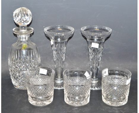 A  Waterford cut glass decanter; three whiskey tumblers similar;a pair of cut glass trumpet vases (6)