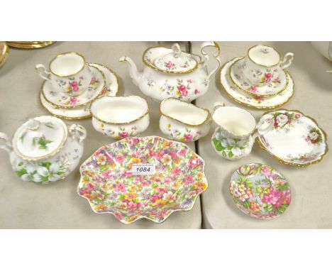 A Royal Albert Tenderness pattern tête-à-tête; a  Trillium pattern sucrier and creamer; a chintz dish, another; etc 