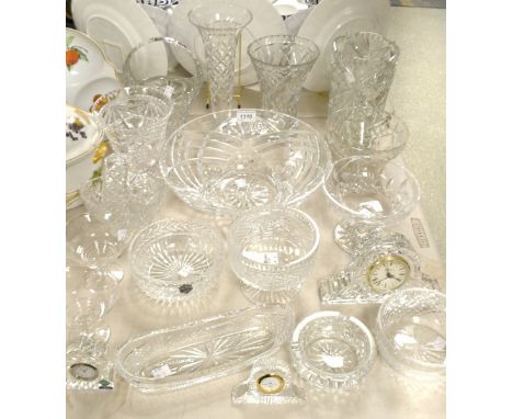 A Waterford cut glass desk pen tray; other cut glass vases,trinket dishes,desk clocks, footed bowls including Edinburgh,Stuar
