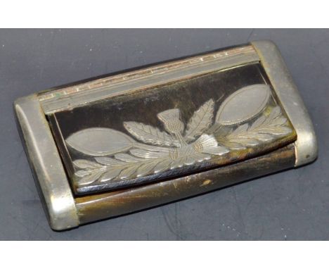A 19th century Scottish cattle horn rectangular snuff box, hinged cover applied with a thistle, 9.5cm wide, c.1840