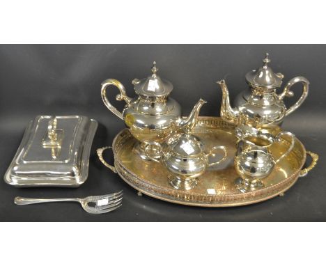 Silverplate - a four piece tea service on tray, an entree dish etc 