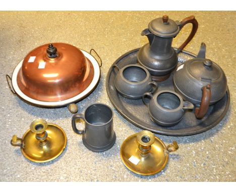 A pewter My Lady four piece tea service on tray; a copper mounted plate warmer and cover; a pair of brass chamber sticks; a p