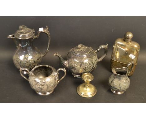 A large EPNS hip flask, screw cover; a late Victorian EPNS four piece tea service; a single candlestick